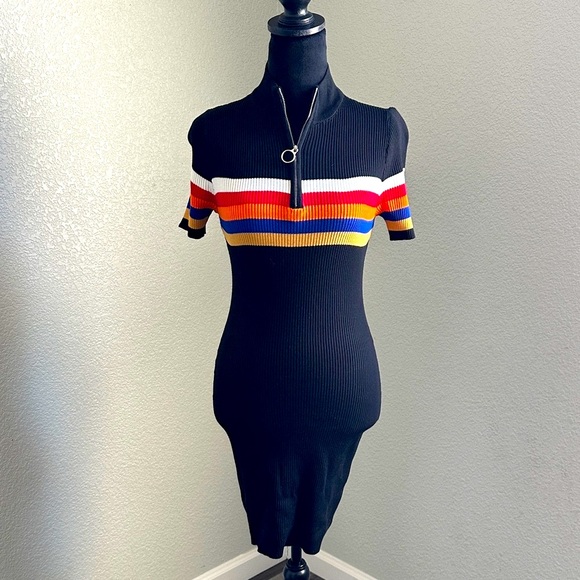 Striped Black Knit Ribbed Dress with Zipper Neck - Picture 1 of 5